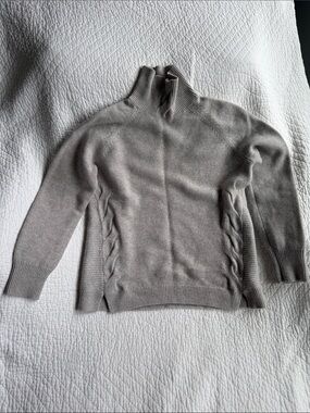 Garnet Hill Light Gray 100% cashmere Cable-Trim Turtleneck Sweater